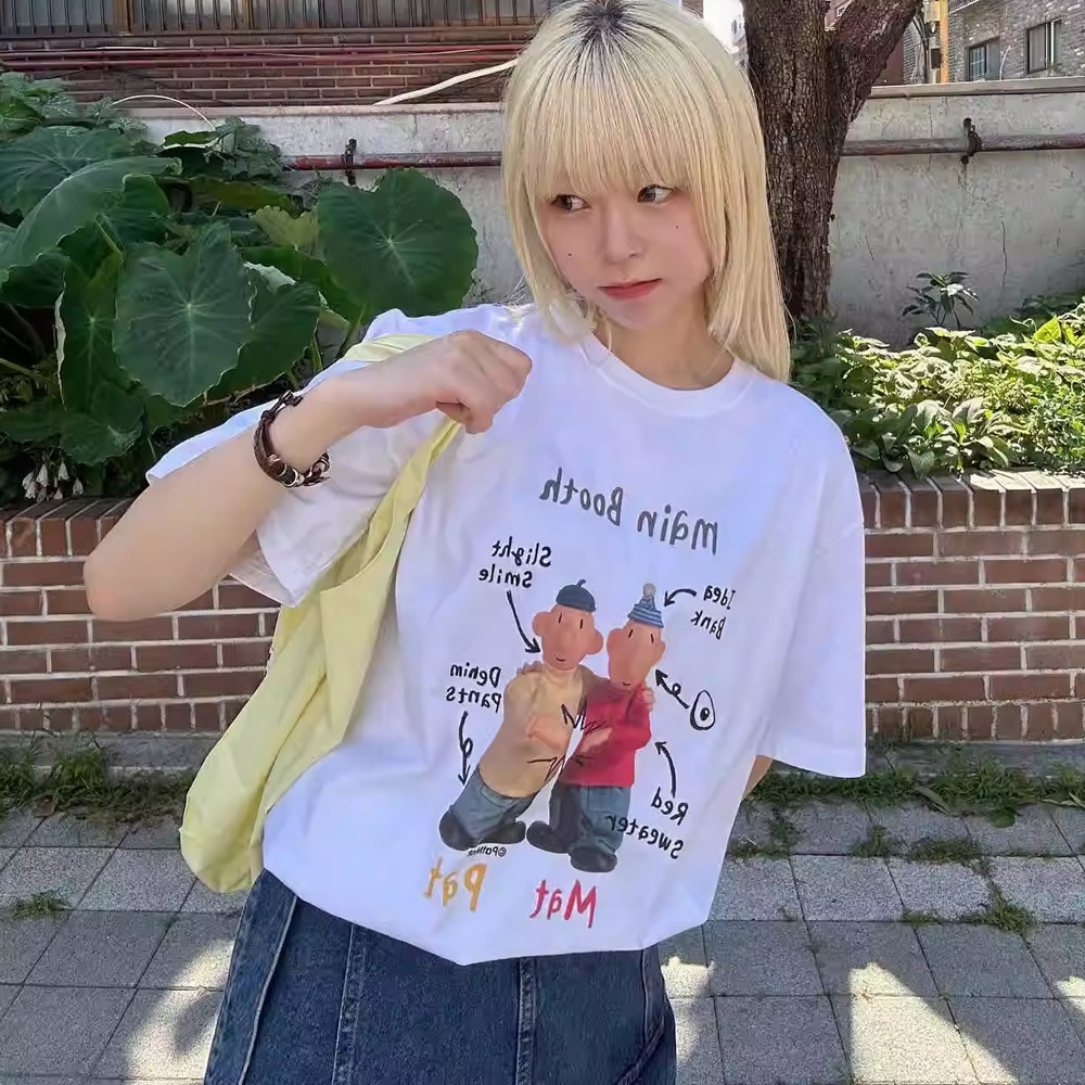【HSTYLE】T恤 大碼卡通寬鬆五分袖T恤ODD1142-白色,L